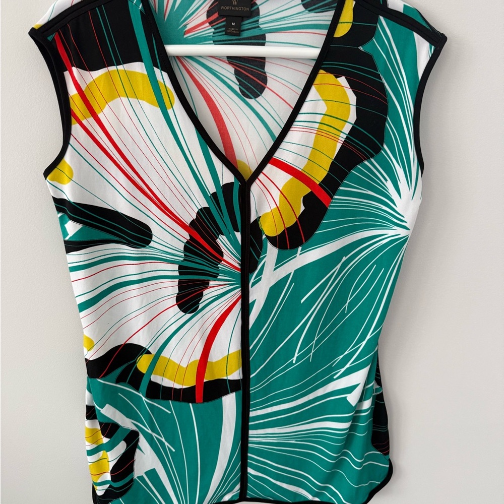 Worthington Teal Floral-Print V-Neck Sleeveless Top